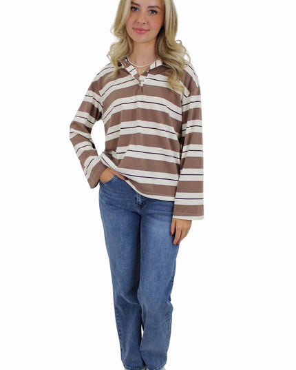KATHY STRIPED POLO | TAUPE/WHITE