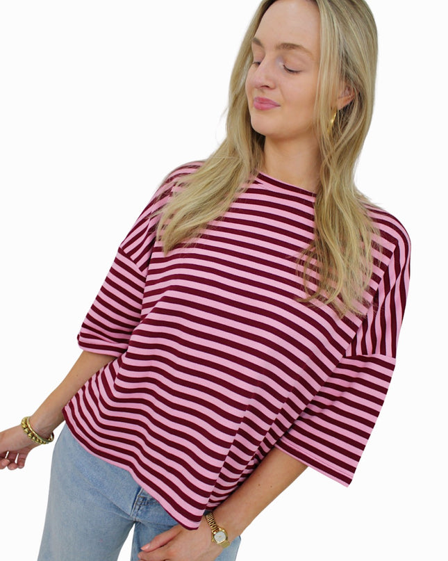 (PRE-ORDER DO 28 AUG) BASIC STRIPED T-SHIRT | BORDEAUX/BABY PINK