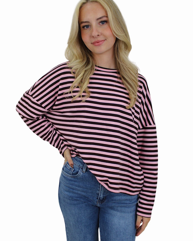 (PRE-ORDER WEEK 42) T-SHIRT LONG SLEEVE STRIPED | BROWN/BABYPINK
