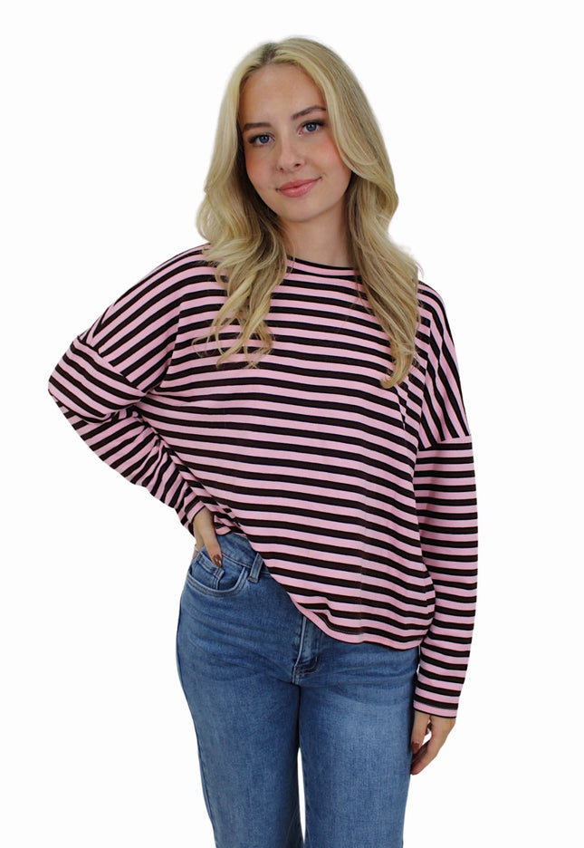(PRE-ORDER WEEK 42) T-SHIRT LONG SLEEVE STRIPED | BROWN/BABYPINK