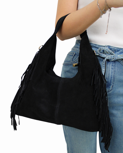 YARA LEATHER SUEDE FRANJE BAG | BLACK