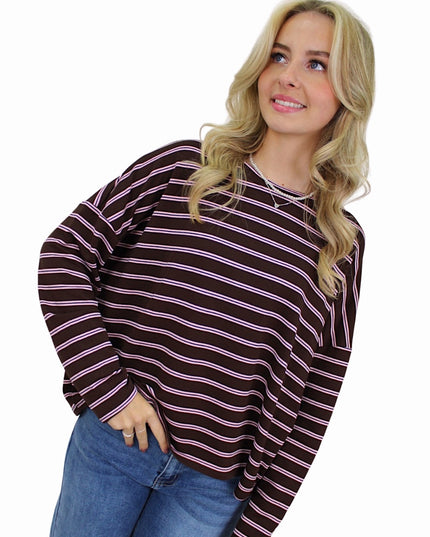T-SHIRT LONG SLEEVE DOUBLE STRIPED | BABYPINK/BROWN