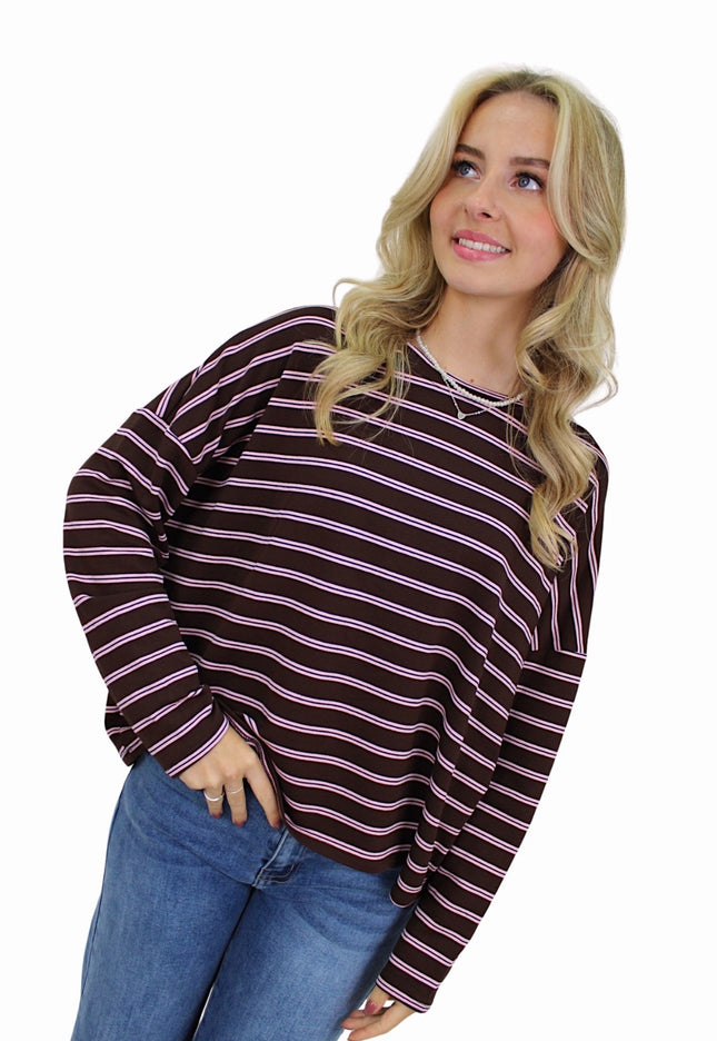 T-SHIRT LONG SLEEVE DOUBLE STRIPED | BABYPINK/BROWN