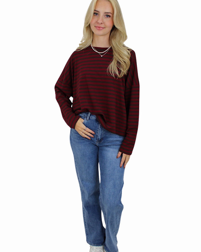T-SHIRT LONG SLEEVE STRIPED | BROWN/BORDEAUX