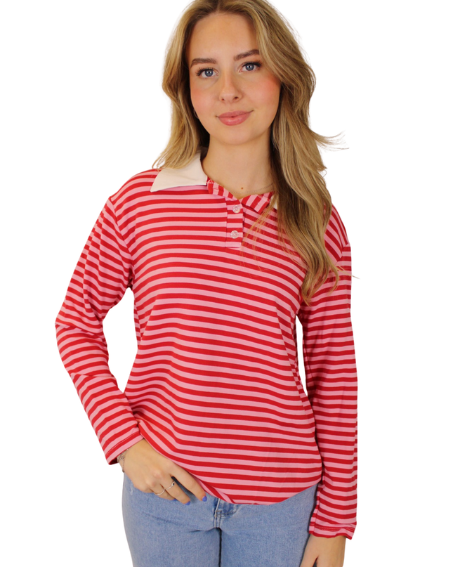 STRIPED POLO LONGSLEEVE | FUCHSIA/BABYPINK