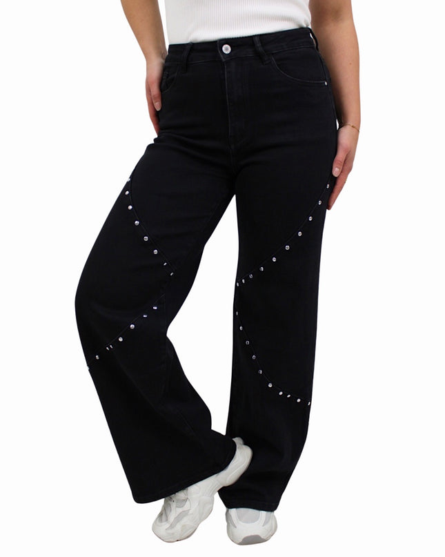 STUDS WIDE LEG JEANS ST6115-2 | BLACK