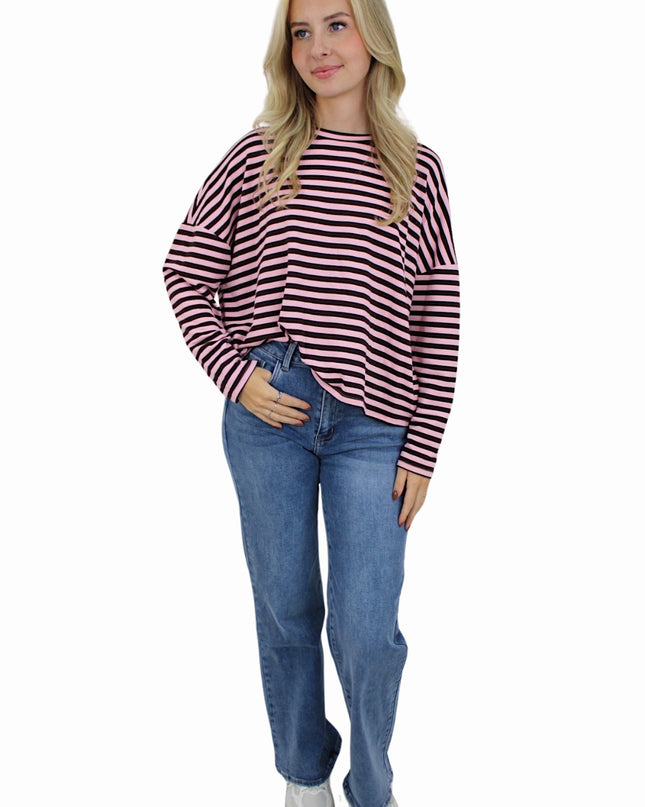 (PRE-ORDER WEEK 42) T-SHIRT LONG SLEEVE STRIPED | BROWN/BABYPINK