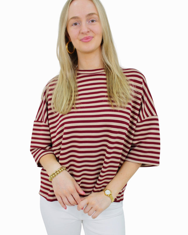 BASIC STRIPED T-SHIRT | BORDEAUX/BEIGE