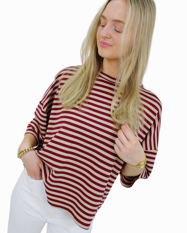 BASIC STRIPED T-SHIRT | BORDEAUX/BEIGE