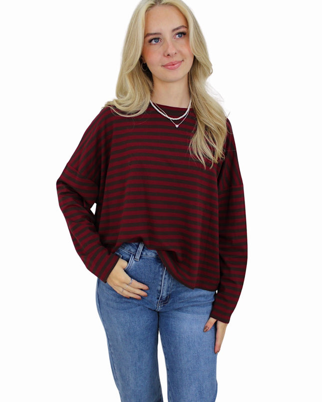 T-SHIRT LONG SLEEVE STRIPED | BROWN/BORDEAUX