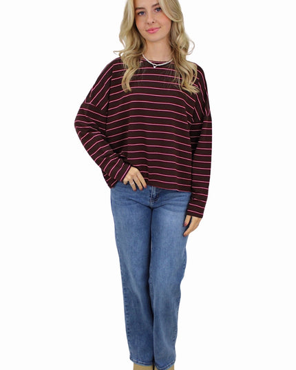 T-SHIRT LONG SLEEVE DOUBLE STRIPED | BORDEAUX/BROWN