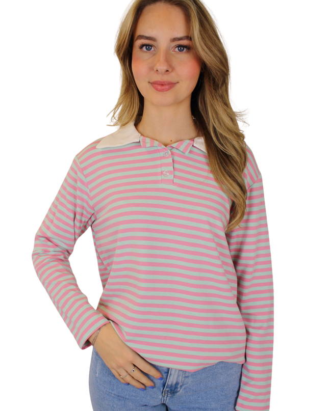 STRIPED POLO LONGSLEEVE | BLUE/BABYPINK