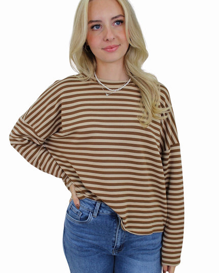 T-SHIRT LONG SLEEVE STRIPED | BEIGE/TAUPE