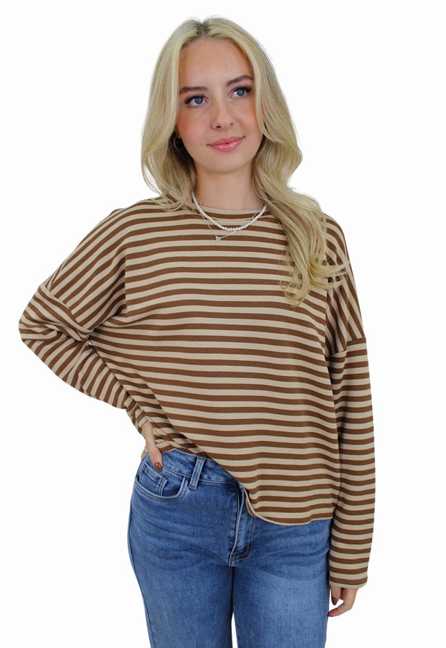 T-SHIRT LONG SLEEVE STRIPED | BEIGE/TAUPE