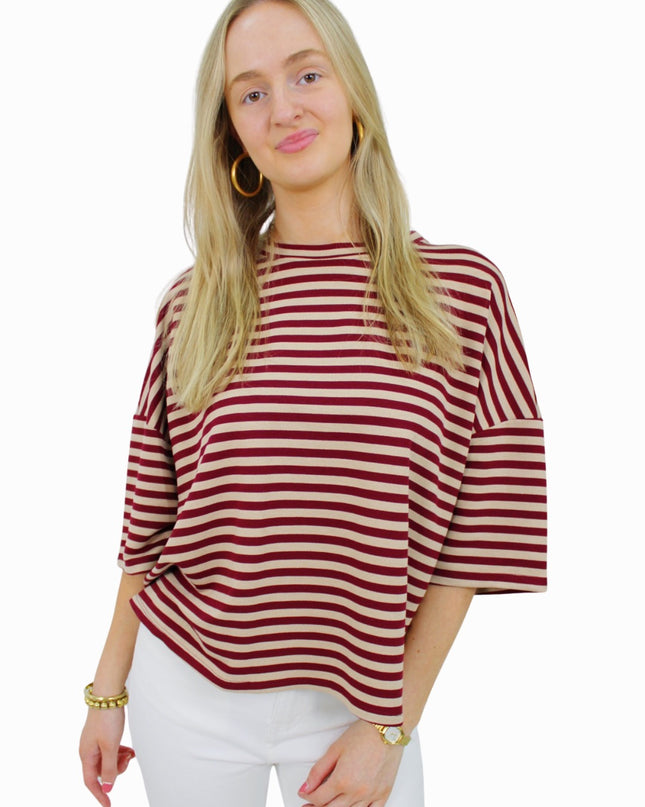 BASIC STRIPED T-SHIRT | BORDEAUX/BEIGE