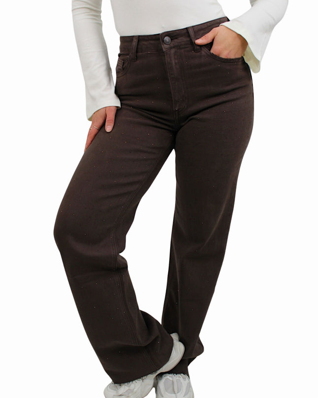 QUEEN HEARTS TALL GLITTER WIDE LEG JEANS W3767 | BROWN