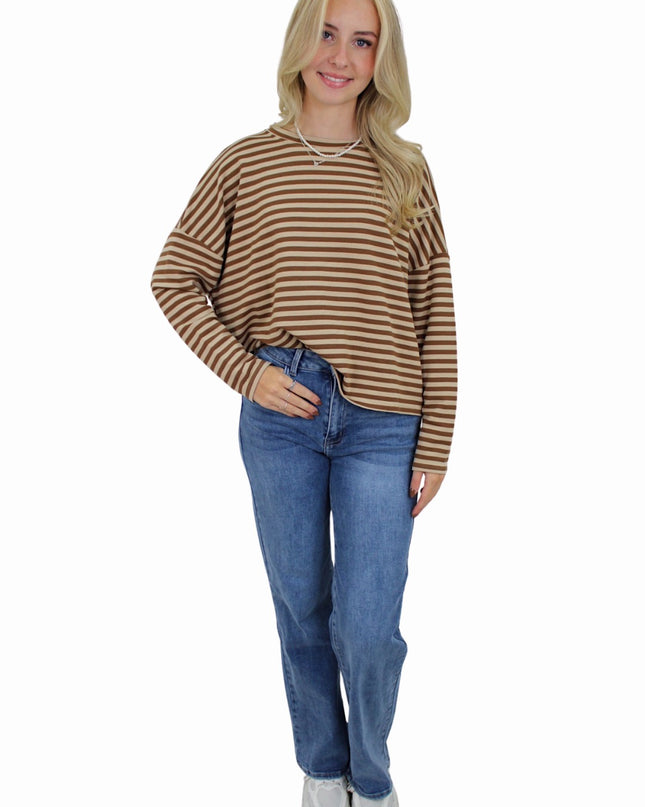 T-SHIRT LONG SLEEVE STRIPED | BEIGE/TAUPE