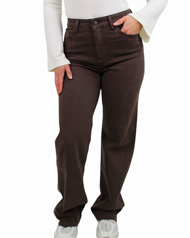QUEEN HEARTS TALL GLITTER WIDE LEG JEANS W3767 | BROWN