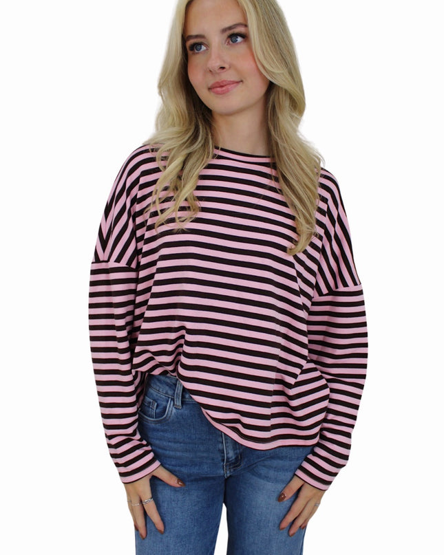 (PRE-ORDER WEEK 42) T-SHIRT LONG SLEEVE STRIPED | BROWN/BABYPINK