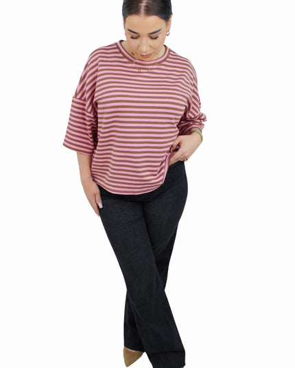 BASIC STRIPED T-SHIRT | TAUPE/BABYPINK