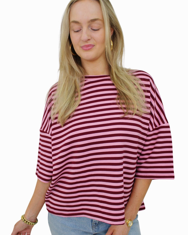 (PRE-ORDER DO 28 AUG) BASIC STRIPED T-SHIRT | BORDEAUX/BABY PINK