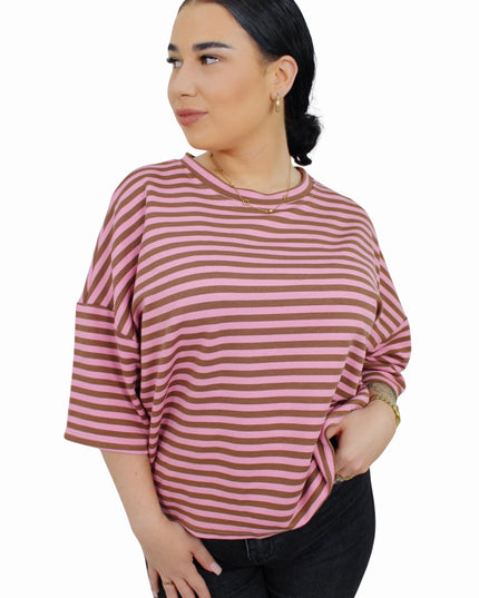 BASIC STRIPED T-SHIRT | TAUPE/BABYPINK