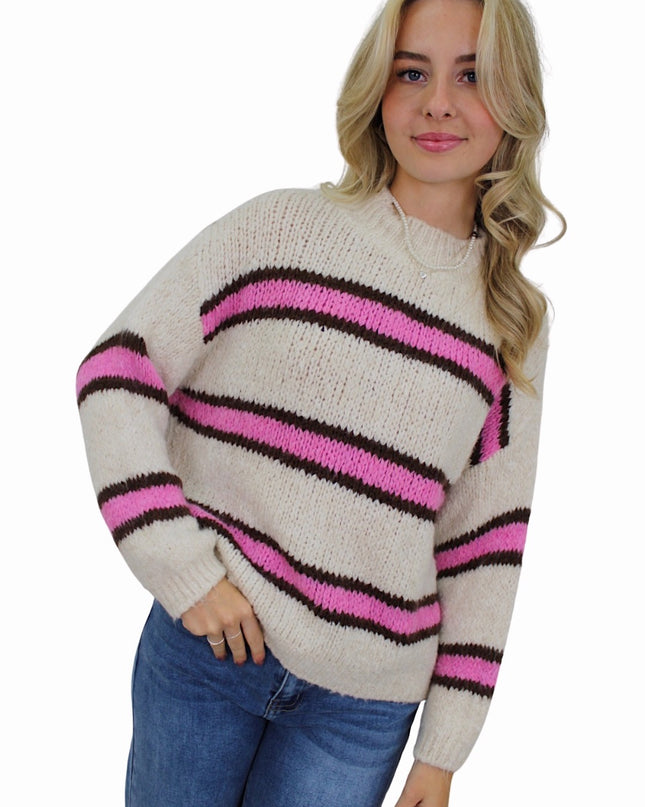 IVY DOUBLE STRIPED COMFY KNIT | VANILLA/HOTPINK