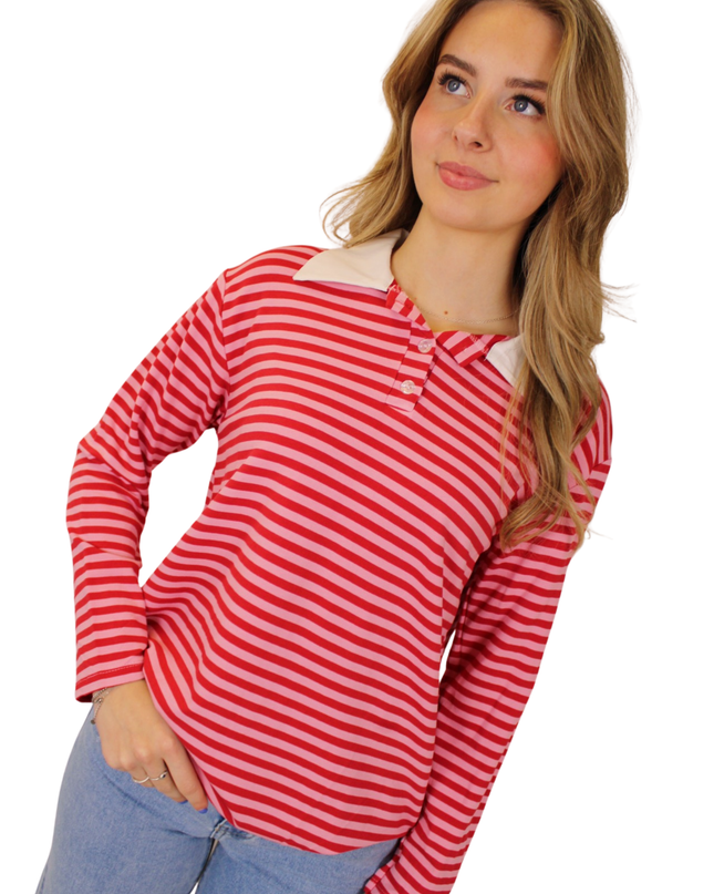 STRIPED POLO LONGSLEEVE | FUCHSIA/BABYPINK