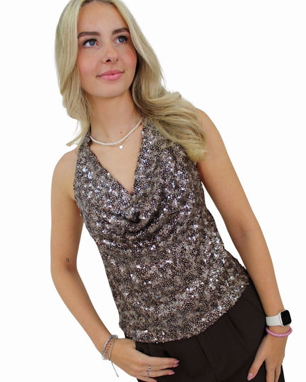 GLITTER HALTER TOP | BROWN/TAUPE
