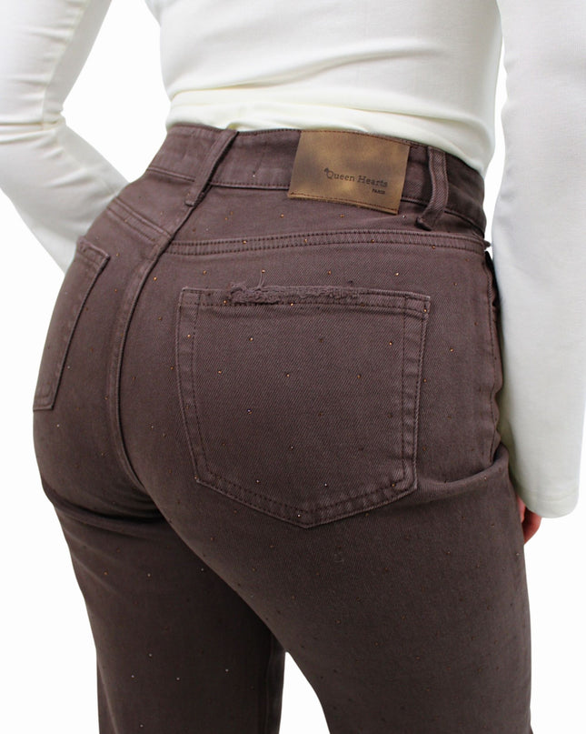 QUEEN HEARTS TALL GLITTER WIDE LEG JEANS W3767 | BROWN