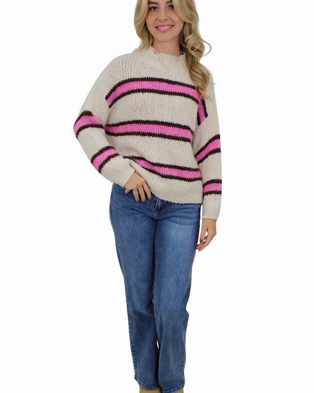 IVY DOUBLE STRIPED COMFY KNIT | VANILLA/HOTPINK