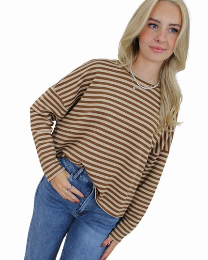 T-SHIRT LONG SLEEVE STRIPED | BEIGE/TAUPE