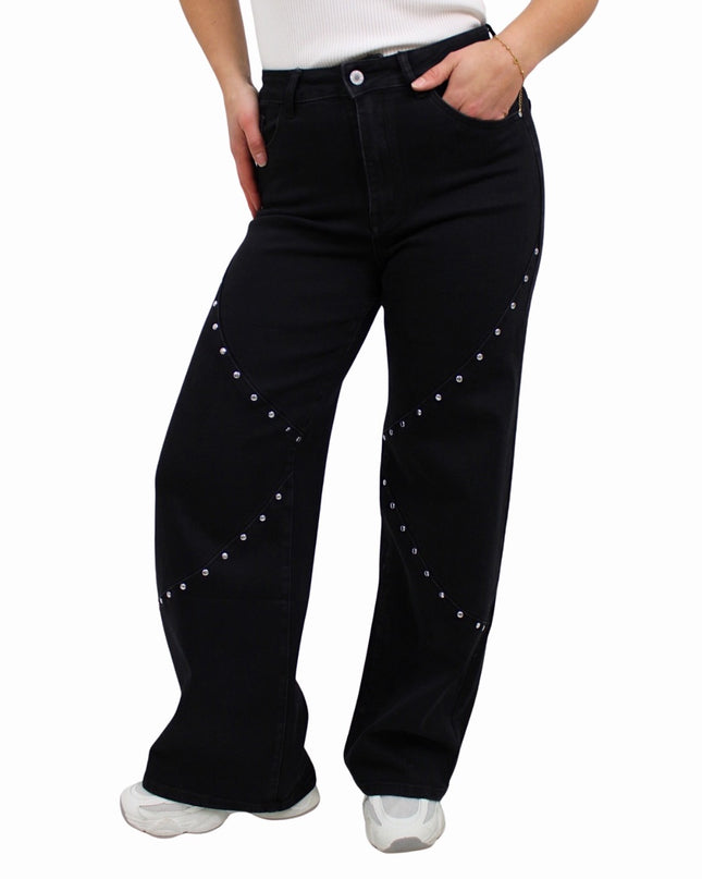 STUDS WIDE LEG JEANS ST6115-2 | BLACK