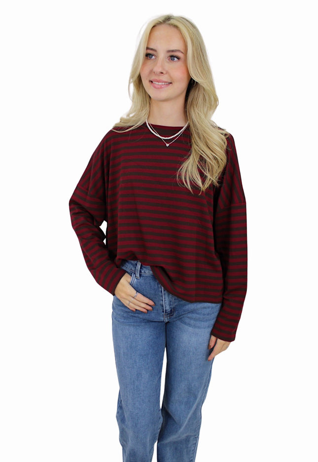 T-SHIRT LONG SLEEVE STRIPED | BROWN/BORDEAUX