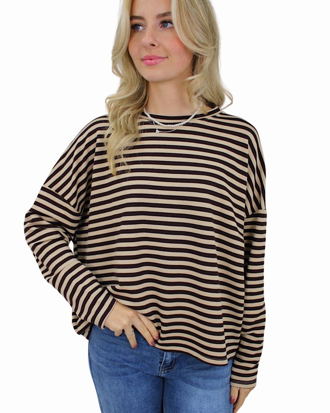 T-SHIRT LONG SLEEVE STRIPED | BEIGE/BROWN