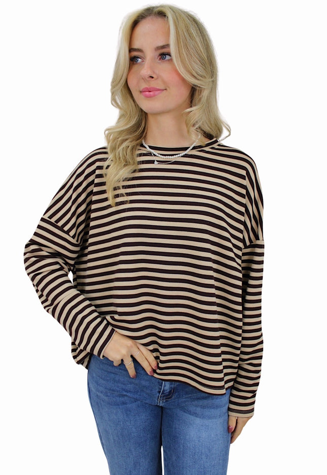 T-SHIRT LONG SLEEVE STRIPED | BEIGE/BROWN