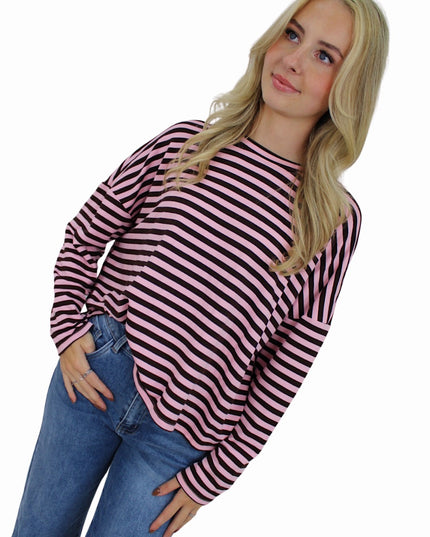 (PRE-ORDER WEEK 42) T-SHIRT LONG SLEEVE STRIPED | BROWN/BABYPINK