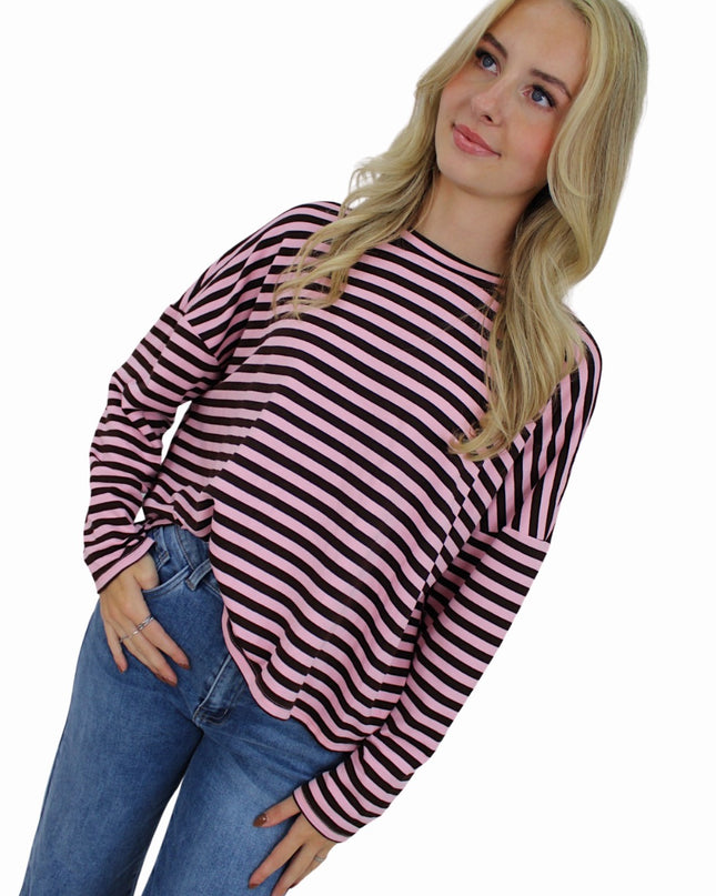 (PRE-ORDER WEEK 42) T-SHIRT LONG SLEEVE STRIPED | BROWN/BABYPINK